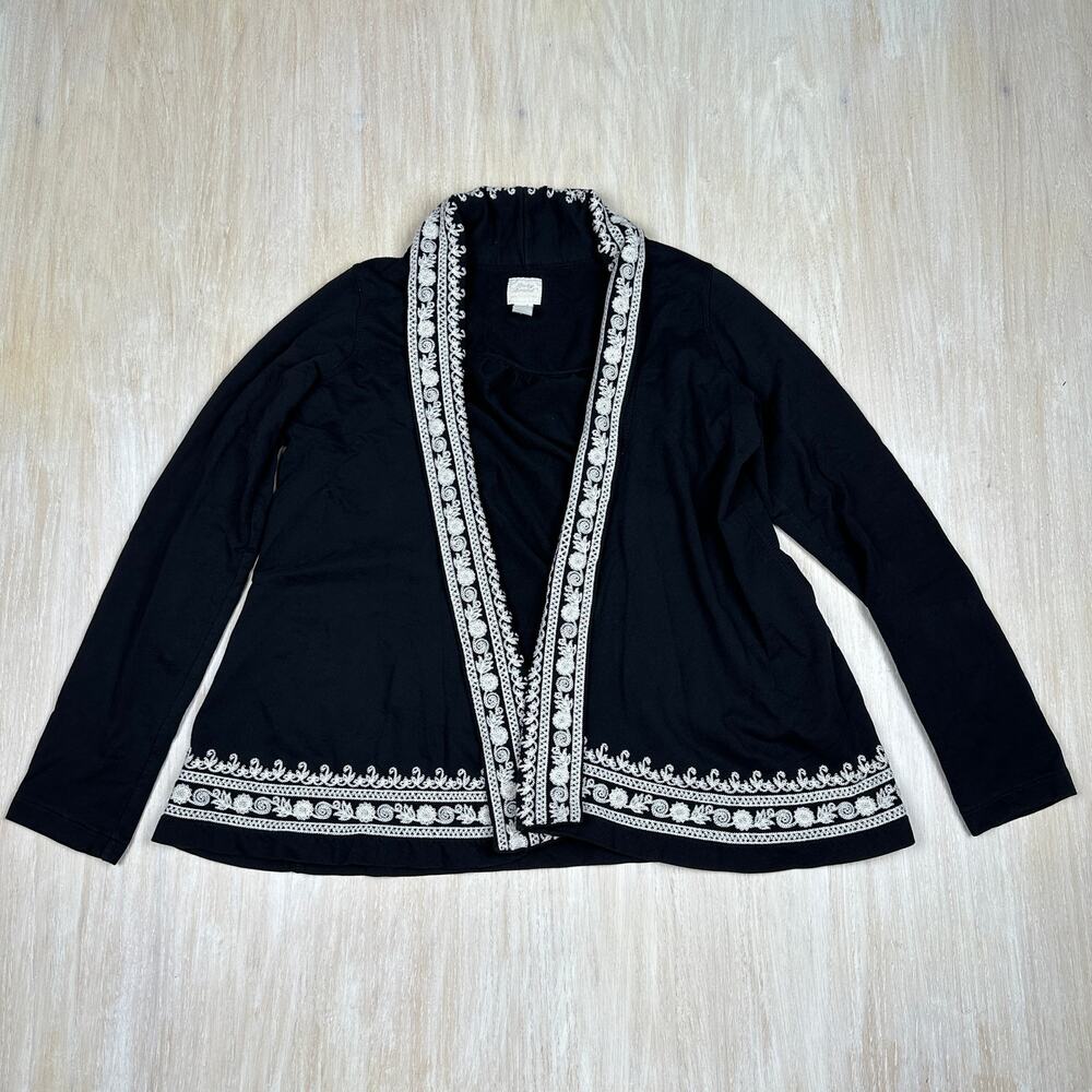 Lucky Brand Whitney Embroidered Cotton Black Open Front Cardigan Sweater Small